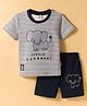 Mini Donuts Sinker Knit Half Sleeves Striped T-Shirt & Shorts Set with Elephant Print - Grey & Navy Blue