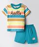 Mini Donuts Sinker Knit Half Sleeves Striped T-Shirt & Shorts Set With Text Print - Light Blue