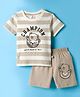 Mini Donuts Sinker Knit Half Sleeves T-Shirt & Shorts Set with Teddy & Text Print - Beige