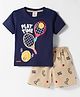 Mini Donuts Sinker Knit Half Sleeves T-Shirt & Shorts Set with Sports Print - Navy Blue & Beige