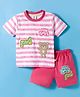 Mini Donuts Sinker Knit Half Sleeves T-Shirt & Shorts Set with Teddy Embroidery - Dark Pink