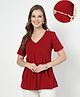 Zelena 95% Cotton 5% Elastane Woven Half Sleeves Solid Maternity Top With Side Seam Nursing Access - Red