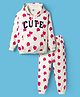 Teddy Fleece Knit Full Sleeves Winter Wear Hooded Co-ord Night Suit With Apple Print - White