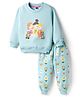 Teddy Fleece Knit Full Sleeves Winter Wear Suit with Animal Print - Aqua Blue