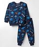 Teddy Fleece Knit Full Sleeves Winter Wear Co-ord Night Suit With Space Theme Print - Navy Blue