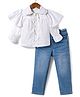 Babyhug Cotton Woven Full Sleeves Top & Jeans Set - White & Blue
