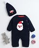 Yellow Apple Knit Full Raglan Sleeves Winter Wear Romper With Santa Claus Applique & Cap - Navy Blue
