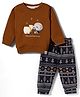 Ollypop Fleece Knit Full Sleeves Winter Wear T-Shirt & Lounge Pant Set With Bear Patch & Tree Print - Brown