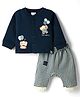 First Smile Fleece Knit Full Sleeves Night Suit With Elephant Embroidery - Navy Blue