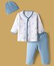 I Bears Knitted Full Sleeves Bear Printed T-Shirt & Lounge Pant Set with Cap - Light Blue