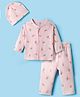 I Bears Knit Full Sleeves T-Shirt & Lounge Pant Co-ord Set With Teddy Bear Print & Cap - Pink