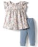 I Bears Knitted Frill Sleeves Floral Printed Top & Lounge Pant Set - Cream & Light Blue