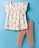 I Bears Knitted Frill Sleeves Floral Printed Top & Lounge Pant Set - Ivory & Rose Gold