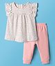 I Bears Knitted Frill Sleeves Floral Printed Top & Lounge Pant Set - Pink