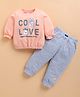 KIDZELLO Cotton Knit Full Sleeves Cool Love Text Printed  Tee & Pant Set - Peach