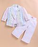 KIDZELLO Cotton Knit Floral Printed Top With Full Sleeves Striped Jacket & Pant Set - Peach