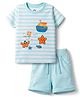 Doodle Poodle 100% Cotton Single Jersey Knit Half Sleeves Striped T-Shirt & Shorts Set with Nautical Theme Print - Aqua Blue