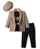 Dapper Dudes Full Sleeves Solid Blazer With Typography Printed Tee & Pant Set With Cap - Fawn