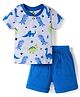 Doodle Poodle 100% Cotton Single Jersey Knit Half Sleeves T-Shirt & Shorts Set with Dino Print - Blue & White