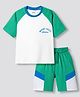 Primo Gino 100% Cotton Knit Raglan Half Sleeves Color Block Chest Printed T-Shirt & Color Block Shorts Set- White & Green