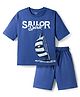 Primo Gino 100% Cotton Knit Half Sleeves T-Shirt & Shorts Set With Boat Print - Blue
