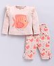 MOONKIDS Cotton Knit Full Sleeves Fish Always With You Text Printed Top & Pants Set - Peach
