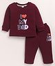 MOONKIDS Fleece Knit Full Sleeves I Love My Dad Text Printed Sweatshirt & Pants Set - Wine