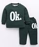 MOONKIDS Fleece Knit Full Sleeves Ok Text Printed Sweatshirt & Pants Set - Bottle Green