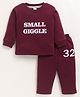 MOONKIDS Fleece Knit Full Sleeves Small Giggle Text Printed Sweatshirt & Pants Set - Wine