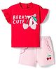 Bonfino 100% Cotton Knit Half Flutter Sleeves T-Shirt & Shorts Set with Cherry Print & Bow Applique - Red