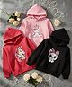 Cutiekins Fleece Knit Pack Of 3 Full Sleeves Unicorn & Cat Printed Light Winter Hoodie - Rani & Black & Baby Pink