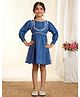 Tiny Twills Jute Woven Three Fourth Puffed Sleeves Floral & Kantha Belt Embroidered Dress - Blue