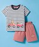 Mini Taurus Sinker Knit Half Sleeves Striped T-Shirt & Shorts Set With Animal Print - Light Red
