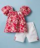 Twetoons Woven Half Puffed Sleeves Top & Shorts Set with Floral Print & Bow Applique - Red & White