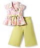 Twetoons Woven Half Sleeves Floral Printed Top & Pant Set with Belt - Light Green