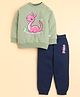 BUMZEE Fleece Knit Full Sleeves Dinosaur Printed Sweatshirt & Joggers Set - Green & Navy