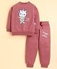BUMZEE Fleece Knit Full Sleeves Unicorn & Cat Printed Sweatshirt & Joggers Set - Brick Red