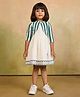 Tiny Twills Cotton Flax Woven Half Sleeves Solid Dress With Striped Jacket Set  - Teal Blue