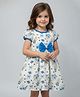 PinkCow Cotton Linen Woven Half Puffed Sleeves Floral Printed &  Bow Applique Detailed Dress - Blue & White