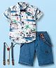 Dapper Dudes Half Sleeves Tropical Theme Printed Shirt & Shorts Set With Suspender & Bow - White