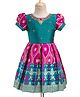 Enfance Half Puffed Sleeves Beads Sequins & Stone Embellished Banarasi Style Printed Pleated Pattu Pavdai Knee Length Dress - Dark Green