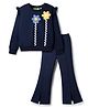 Tiara Fleece Knit Full Sleeves Floral Applique Detailed Winter Sweatshirt & Jogger Set - Navy Blue