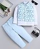 Fourfolds Cotton Blend Woven Full Sleeves Leaf Printed 3 Piece Party Suit Set - Light Blue