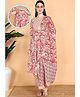 Moms Ever Cotton Woven Three Fourth Sleeves Paisley Printed Maternity Kurti With Side Zipper Nursing Access & Pant With Dupatta Set - Peach
