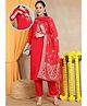 Moms Ever Blended Woven Three Fourth Sleeves Floral Embroidered Maternity Kurti With Side Nursing Access & Pant With Dupatta Set - Red