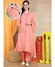 Moms Ever Blended Woven Three Fourth Sleeves Floral Embroidered Maternity Kurti With Side Nursing Access & Pant With Dupatta Set - Peach