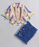 The Magic Wand Woven Three Fourth Sleeves Colour Blocked Striped Bow Applique Detailed Top & Skirt Set - Multi Colour