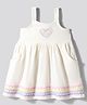 Bonfino 100% Cotton Knit Sleeveless Heart Embroidered Frock with Pocket Detailing - White