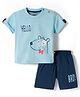 Mini Taurus Sinker Knit Half Sleeves T-Shirt & Shorts Set With Animal Print - Aqua Blue