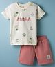 Ollypop Sinker Knit Half Sleeves Beach Theme Printed T-Shirt & Shorts Set - Cream & Coral